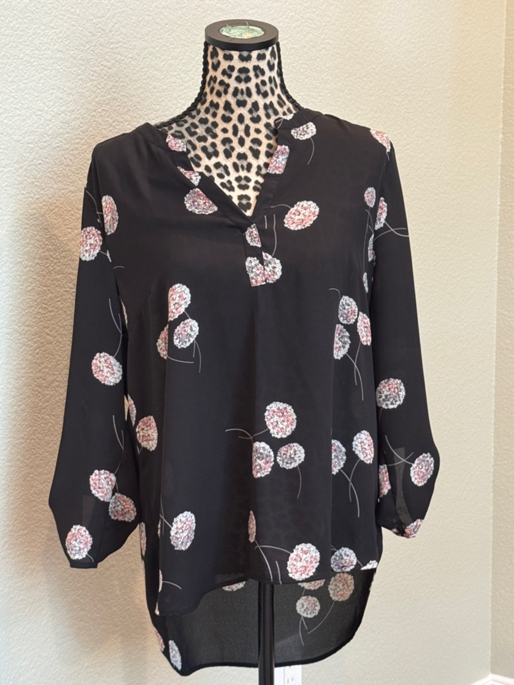 Daniel Rainn Black Floral Split-Neck Blouse with Pink and White Blooms